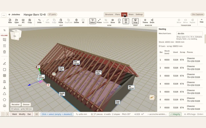 Liste de débit Knot Carpenter : sections, longueurs et quantités par pièce