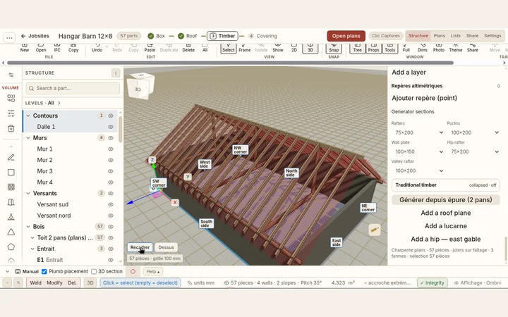 Studio Knot Carpenter dans le navigateur : vue 3D d’une charpente, arbre des pièces et propriétés