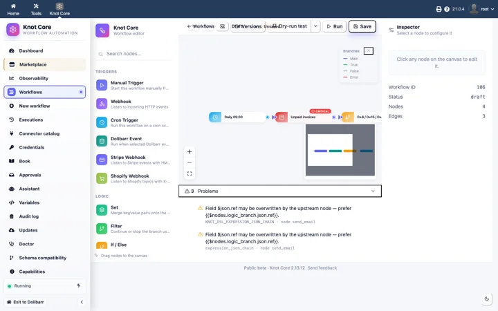 Éditeur de workflows Knot Core dans Dolibarr : nœuds typés et inspecteur à droite