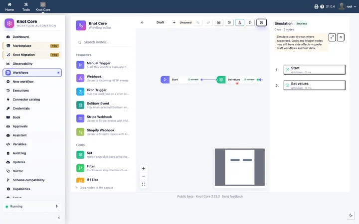 Panneau Simulation de Knot Core : deux nœuds en succès, chronologie à droite